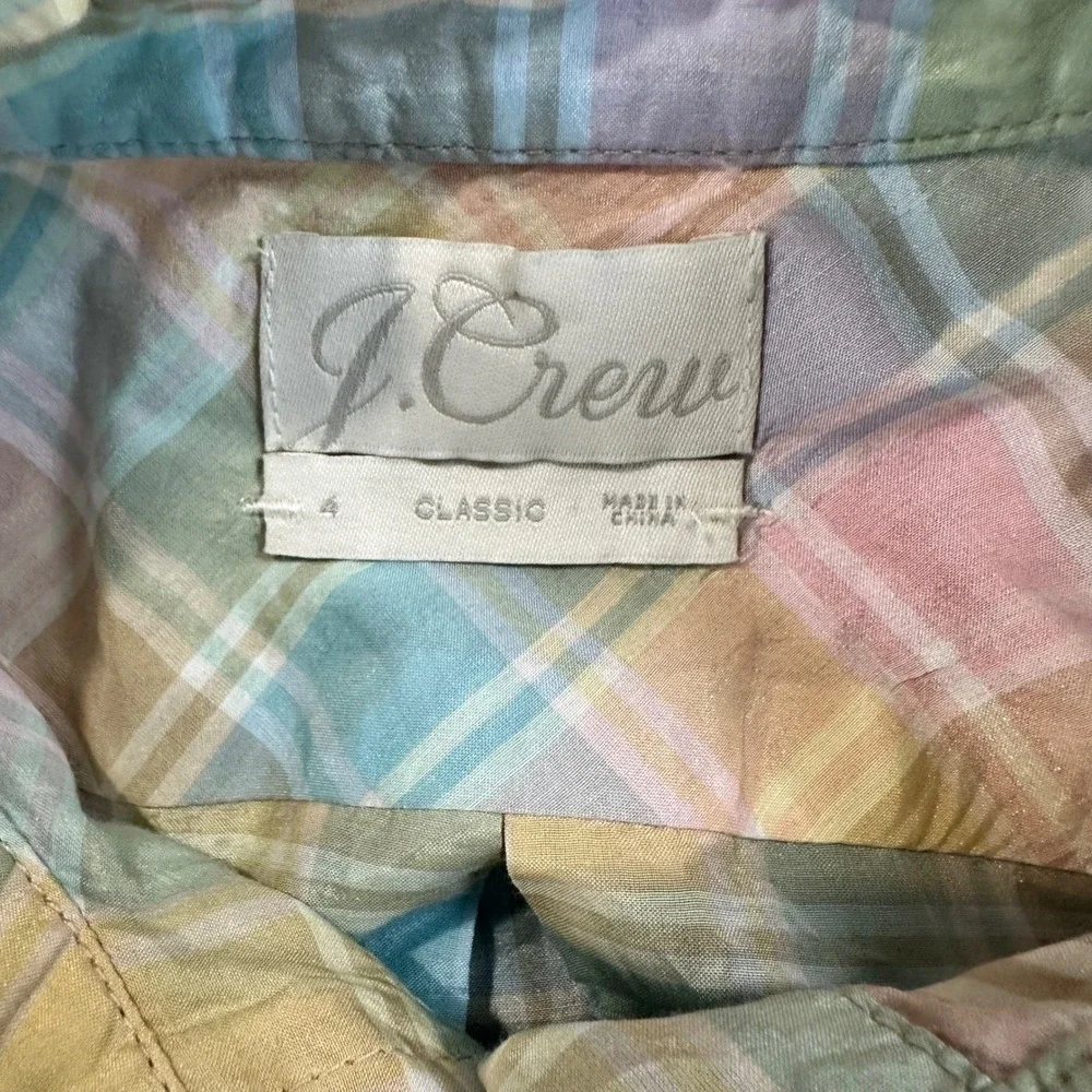 J Crew Classic Pastel Plaid Ruffle Collar Silk‎ Cotton Blend Button Up Shirt 4